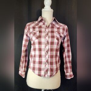 Girls Cowgirl Hardware Size Large Pink and White Plaid Snap Shirt